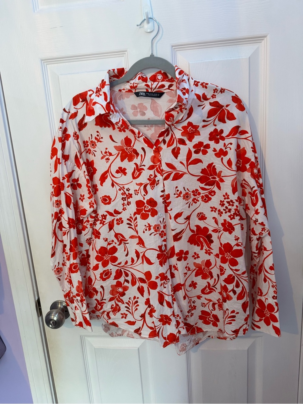 Zara White Shirt with Red Floral Pattern